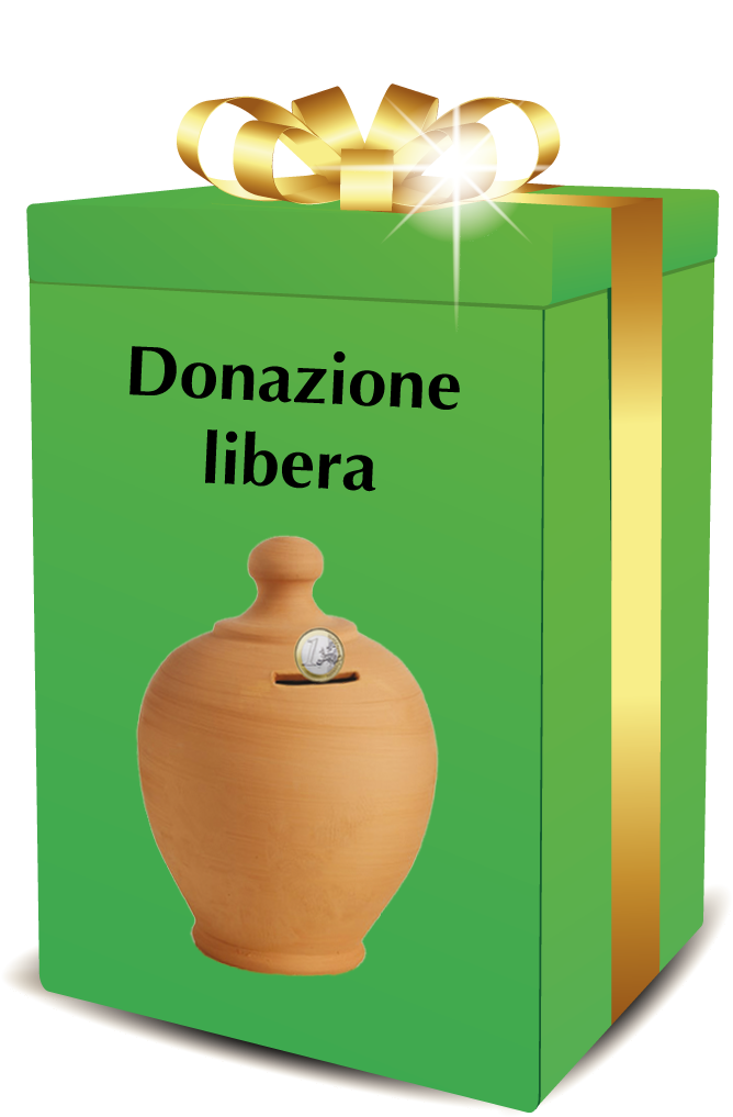 pacchetto dono pi grande, di colore verde e nastro dorato cu cui c la scritta donazione libera e lillustrazione di un salvadanaio.